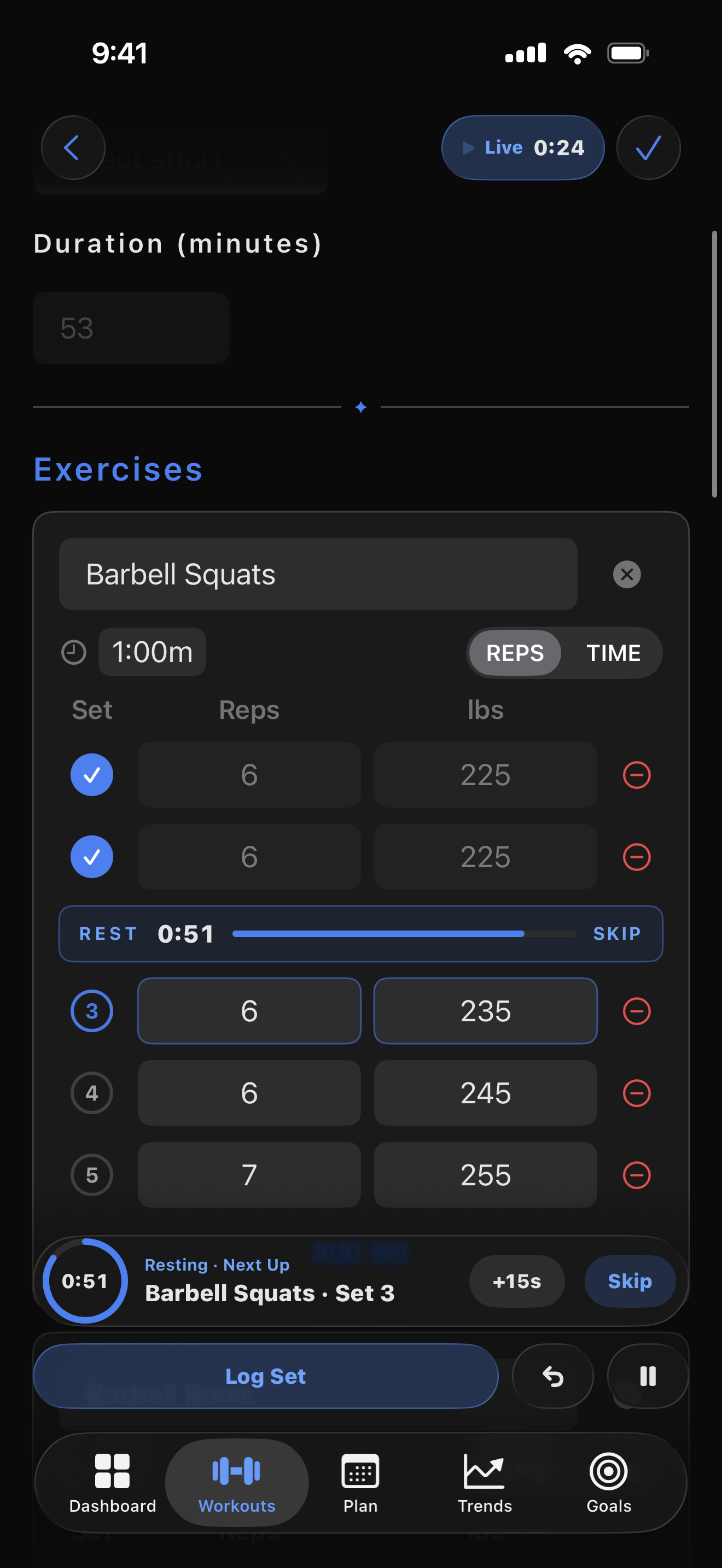 Live workout session with set-by-set logging and a live timer