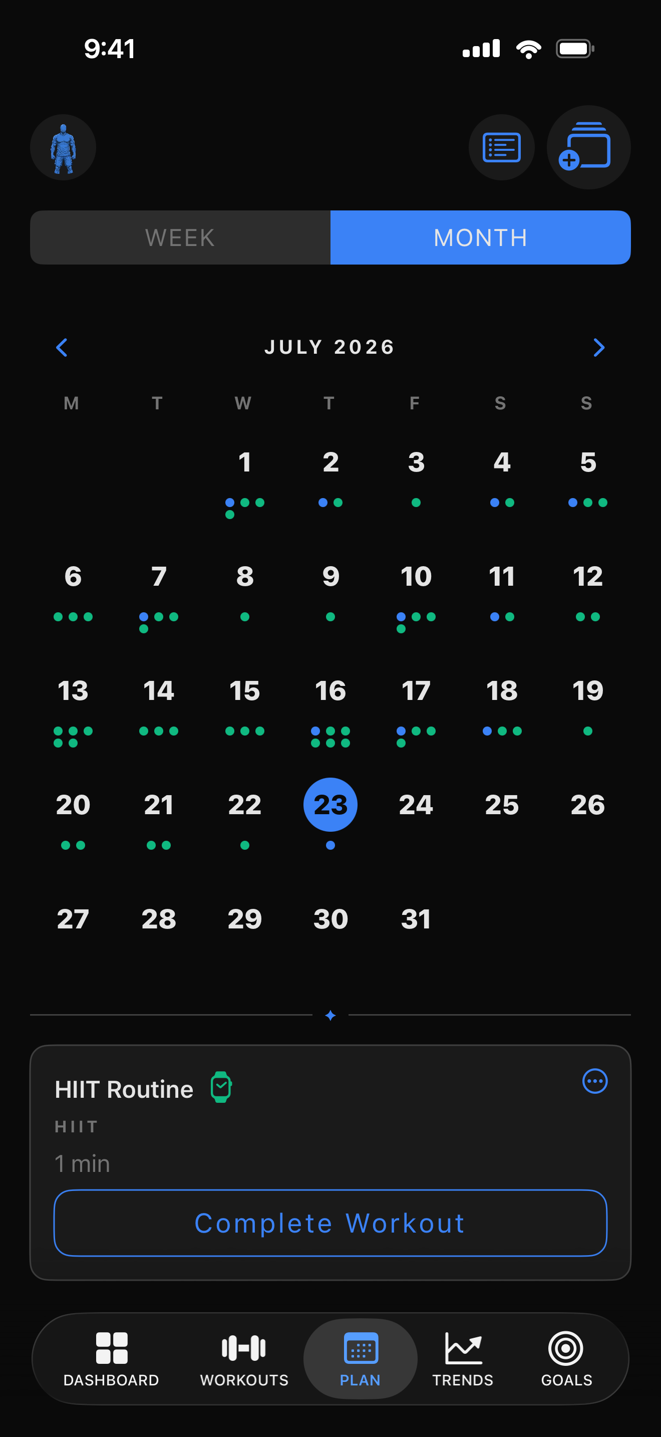 Plan calendar with scheduled workouts