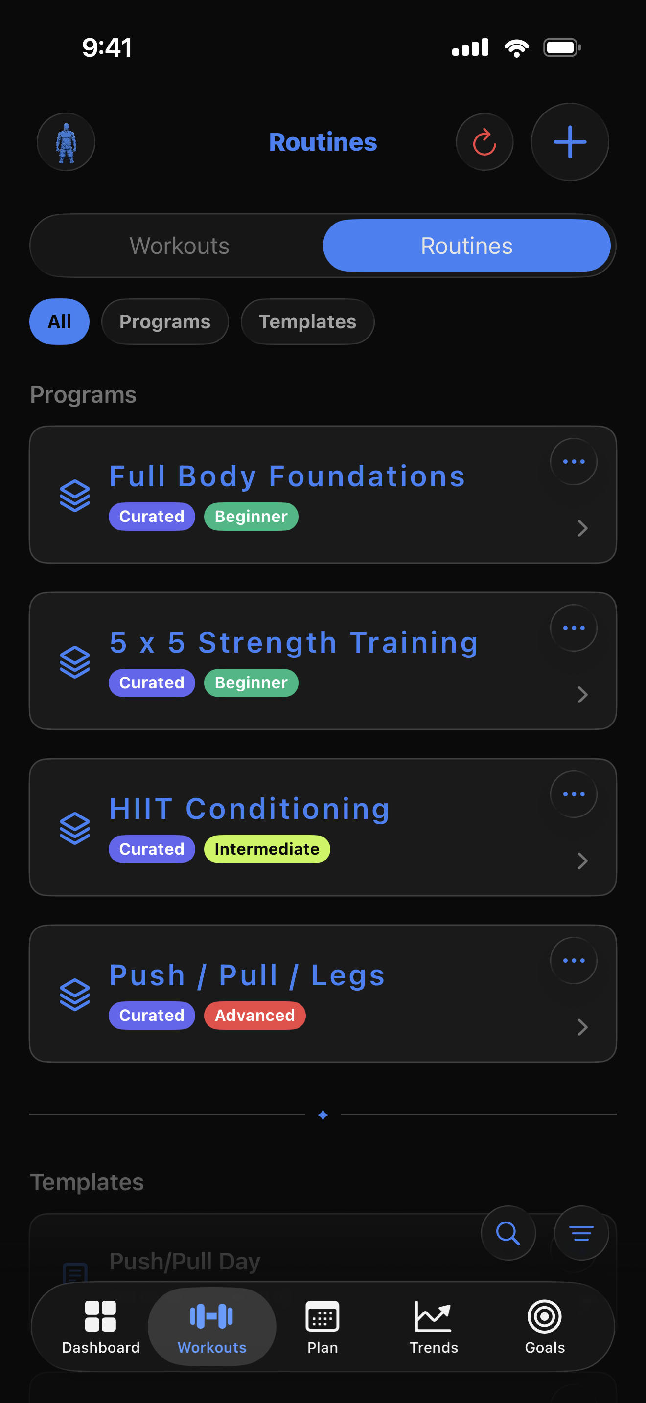 Routines screen with curated programs and templates