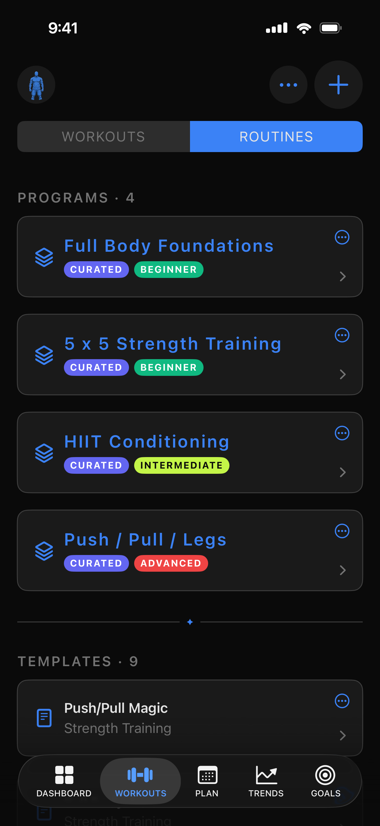 Routines screen with programs and templates
