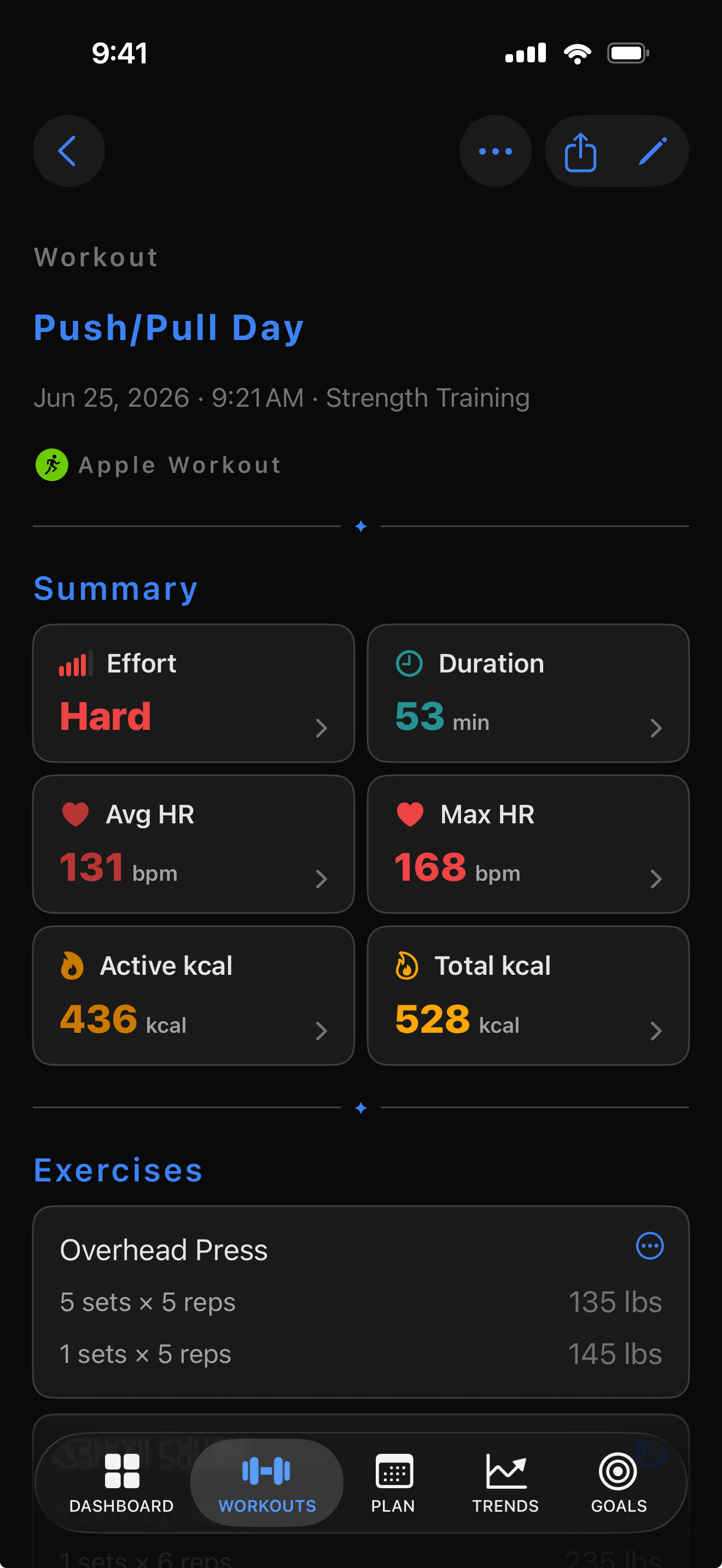 Workout detail with stat cards
