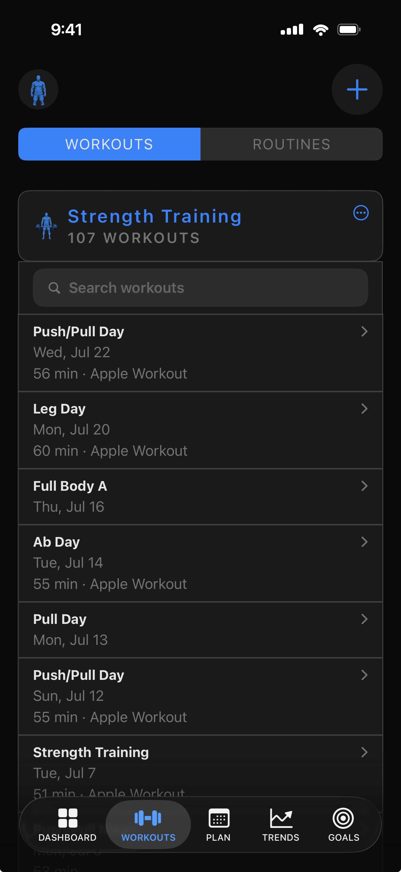 Expanded Strength Training card with searchable workout history